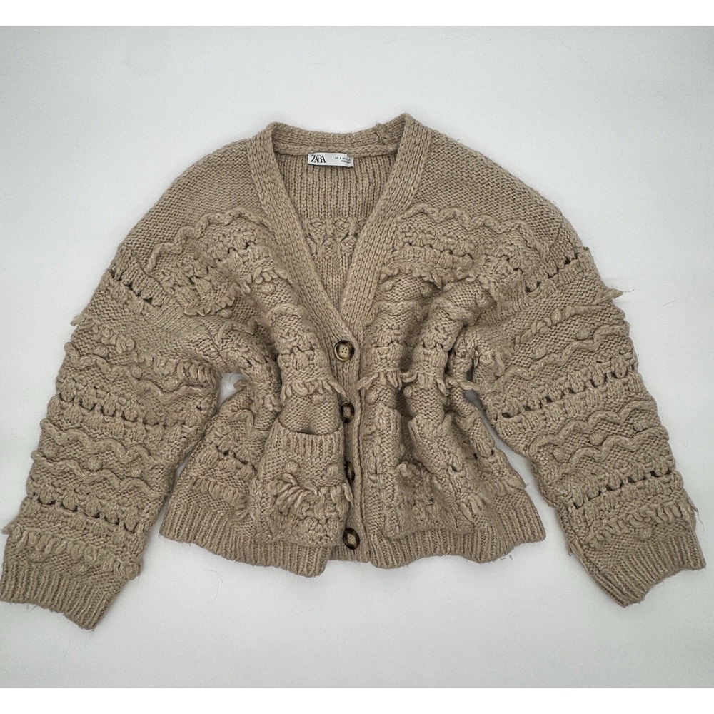 ZARA Beige Chunky Knit Pompom‎ Fringe Zigzag Boho Cardigan Sweater Women's Sz S